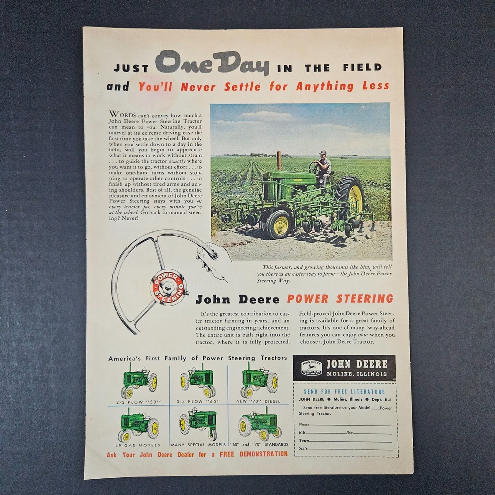 1955 John Deere Power Steering Tractors Vintage Print Ad Moline IL Field Mancave